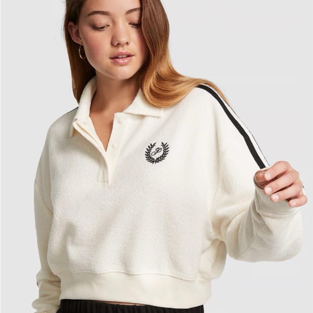 PINK Victoria's Secret Cream Fleece Crop Polo Sweatshirt Medium NWT